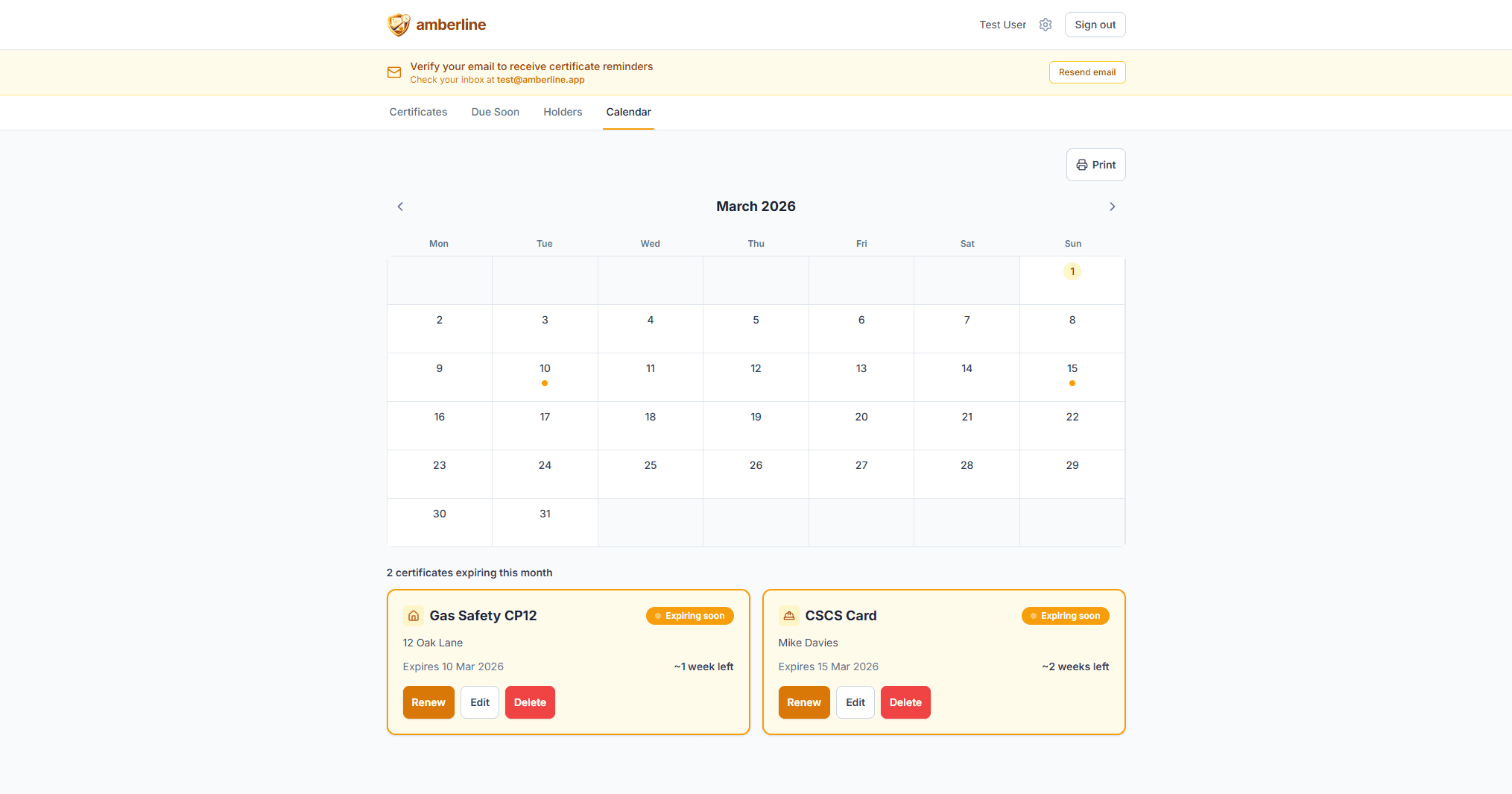 The Print button sits alongside your existing controls — one tap opens your browser's print dialog