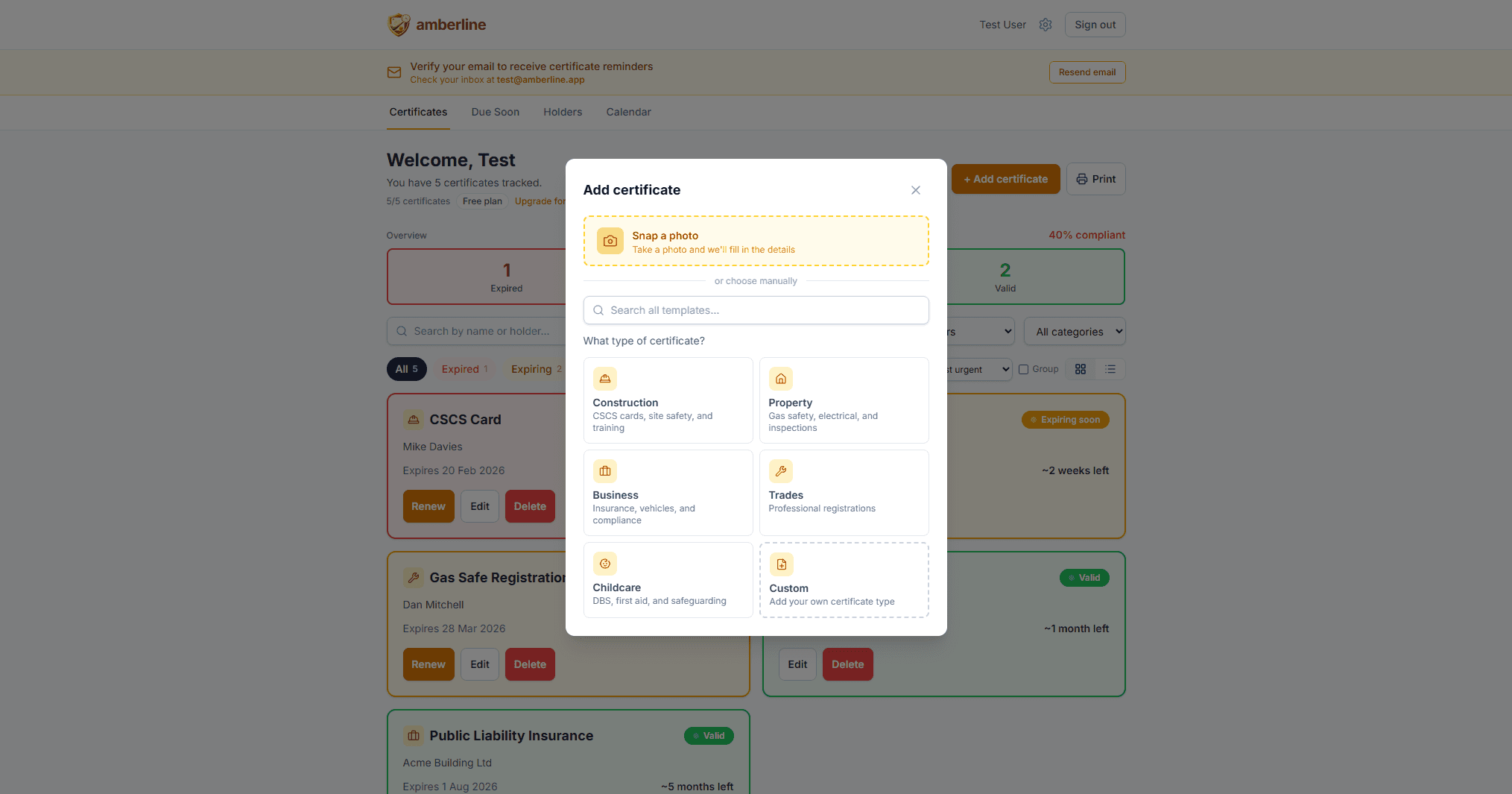 Pick from pre-loaded certificate templates — no typing from scratch