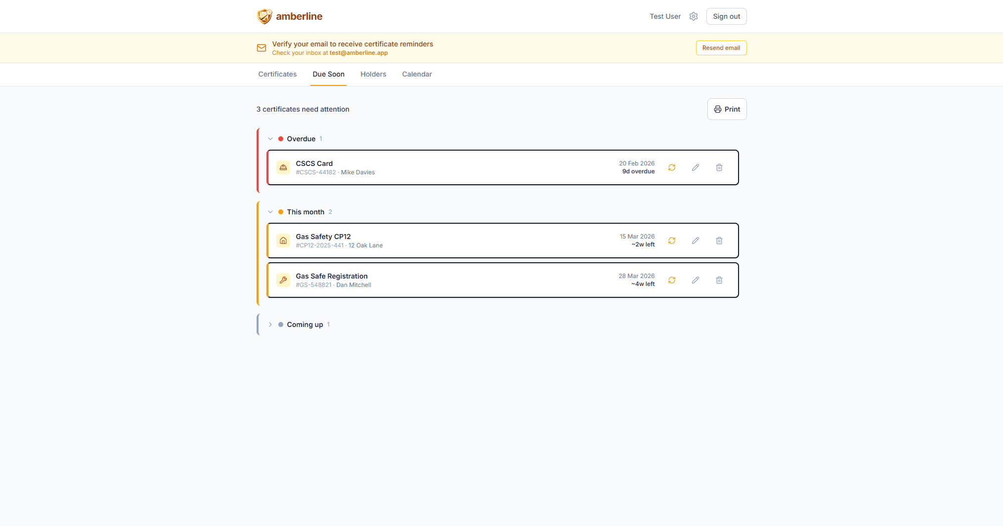 Certificates grouped by urgency — overdue, this week, this month, coming up