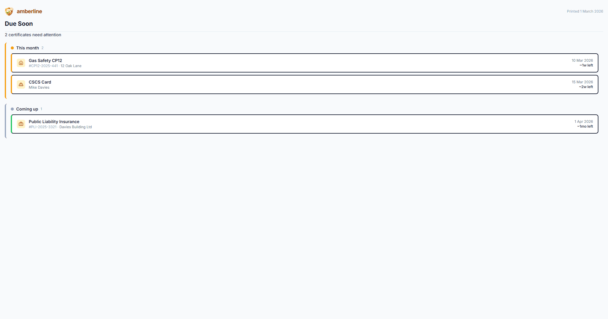 The Due Soon print view — all time bands expanded, action buttons hidden, branded header with print date