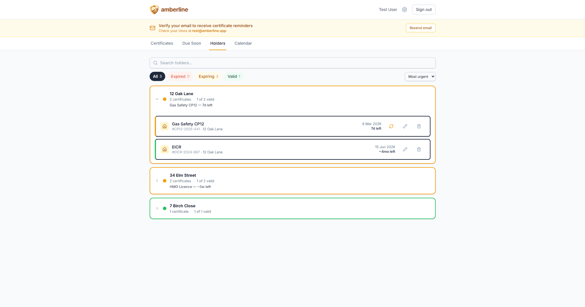 The Holders view groups certificates by property — see compliance status for 12 Oak Lane, 34 Elm Street, and every address in your portfolio