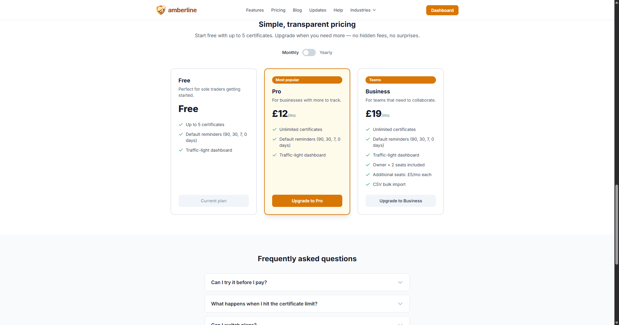 Amberline pricing — Free, Pro, and Business plans side by side