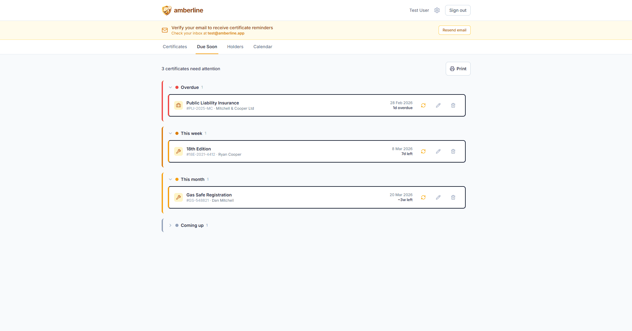 The Due Soon view shows Gas Safe, 18th Edition, and OFTEC renewals grouped by urgency — overdue, this week, this month