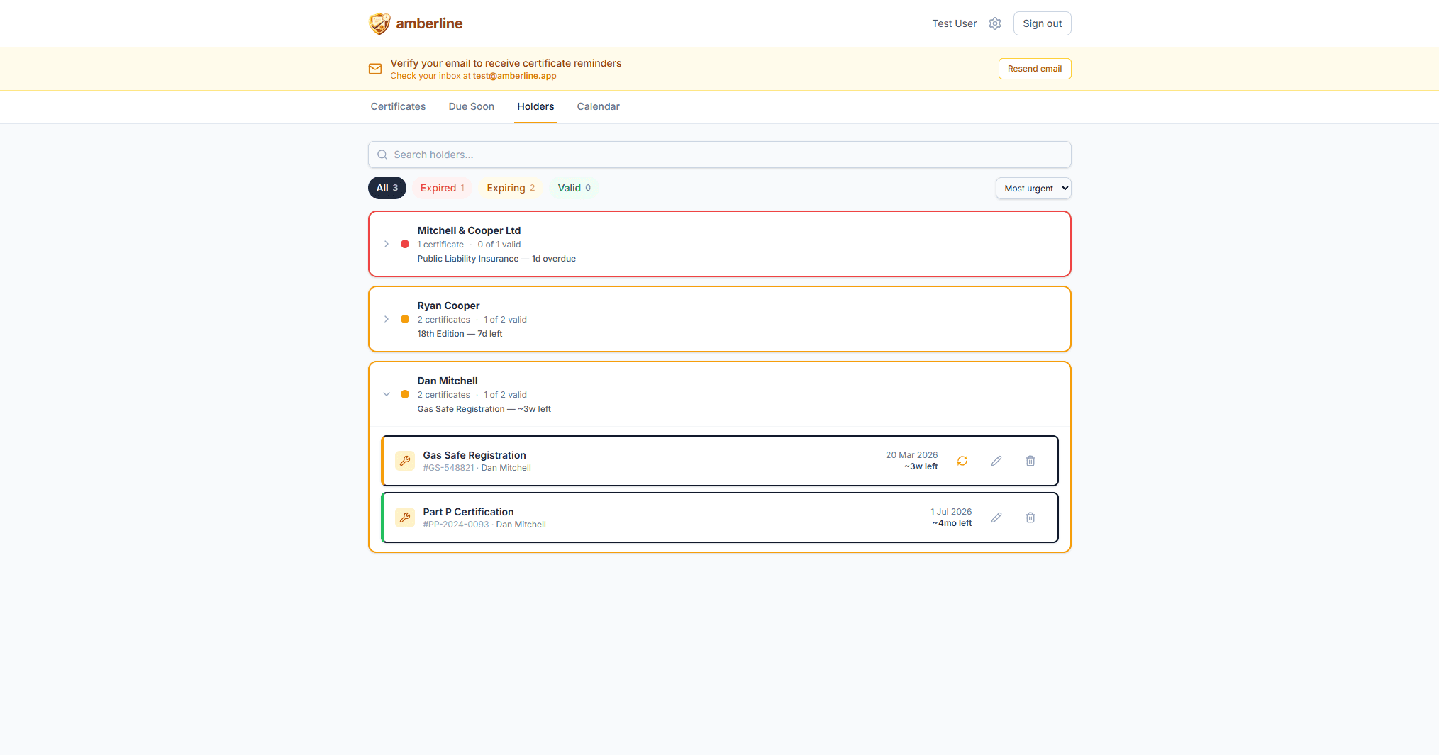 The Holders view groups certificates by tradesperson — see Dan Mitchell's Gas Safe and Part P status, Ryan Cooper's 18th Edition and OFTEC at a glance